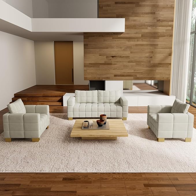 81.89 Sofa Comfy 3 Seat Sofa Tufted Chenille Upholstered Sofa Couch for Living Room with Gold Metal Legs and 2 Throw Pillows (BAIGE+1.5S+1.5S)
