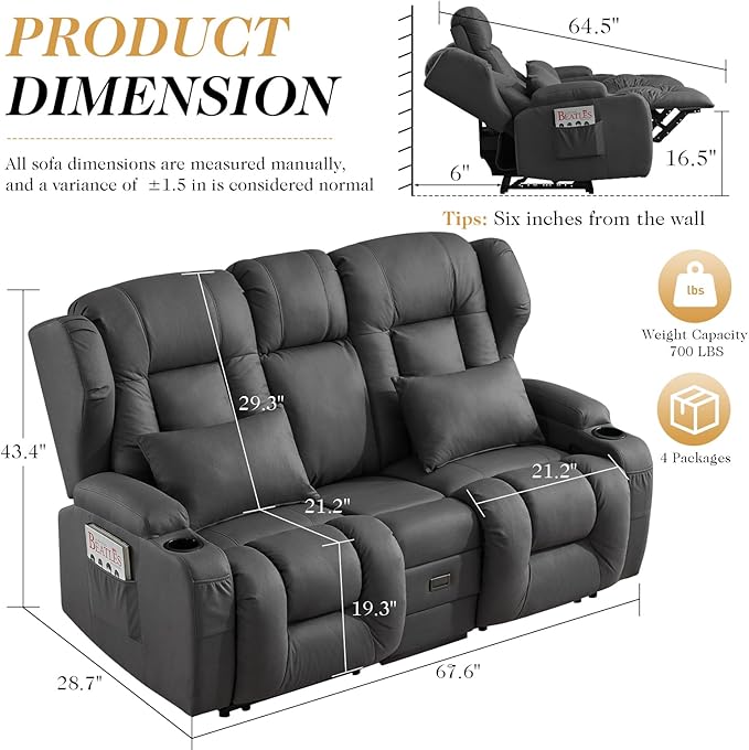 Loveseat Recliner Sofa with Flip-up ConsoleReclining Loveseat Sofa Wall Hugger Recliners for Small SpacesRV Recliner Couches for Living Room (Dark Gray 68''Loveseat with Console)