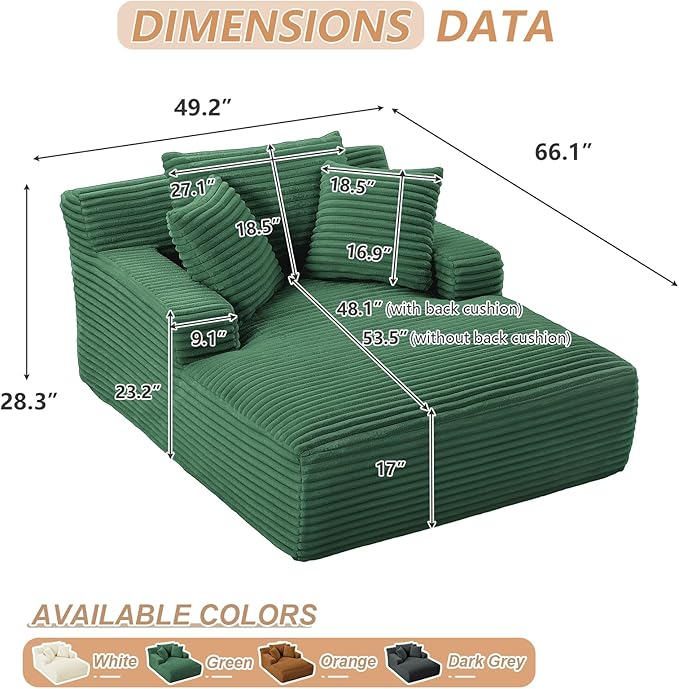 49.2Oversized Chaise Lounge Chair IndoorCorduroy Boneless Reading Chair with 3 PillowsDeep Seat Cloud Sofa BedComfy Modern Sleeper Chairs in Box for Living Room BedroomNo Assembly(Green)