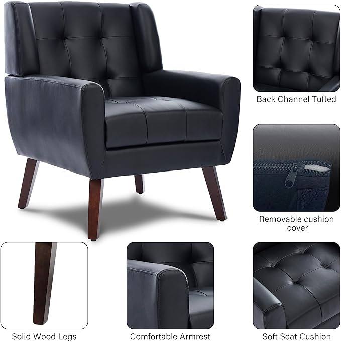 Pia Ricco 2 Pack Mid Century Modern Accent Chairs Button Tufted Faux Leather Armchairs - Easy-Clean Matching Set for Living Room Durable Sofa Chairs for Home Office &amp Lounge Black