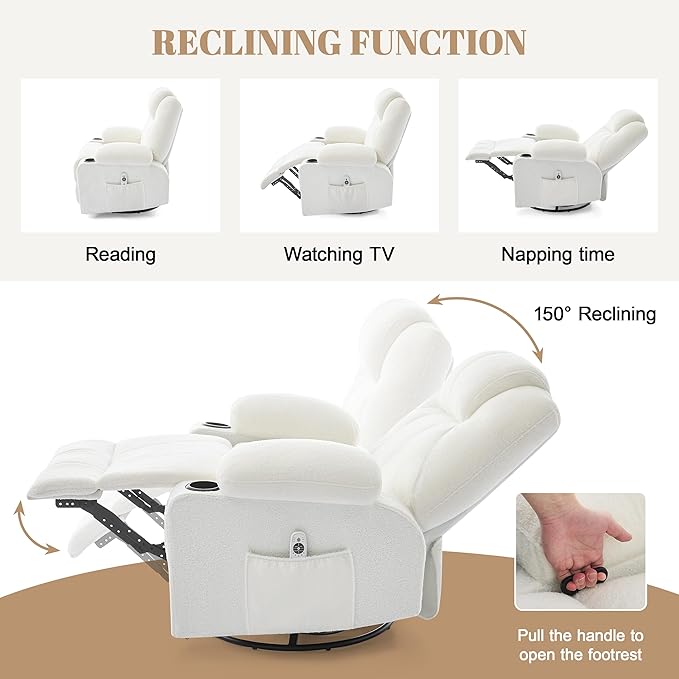 Swivel Rocker Recliner Chair with Heat and Massage Big Oversized Rocking Single Sofa for Living Room 360 Degree Swivel Recliner Chair with Cup Holders and USB Port (Teddy White)