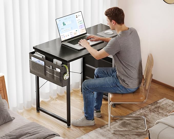 AODK 32-Inch Small Computer Desk with Fabric Drawers Kids Girls Teen Study Writing Desk for Bedroom Home Office Desk for Small Space Black