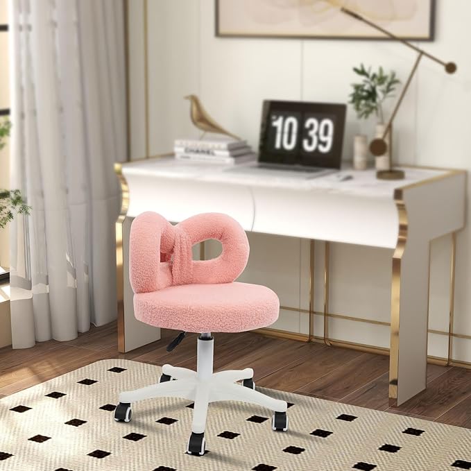 Cute Bow Backrest Chair Pink Make-up Chair Height Adjustable Roller Chair with 5 Wheels Armless Dressing Chair Small Upholstered Accent Chair Desk Chair for Bedroom Living Room