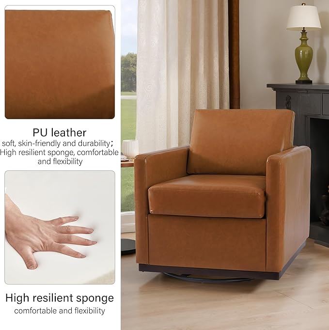 Swivel Barrel Accent Chair Mid Century Modern Arm Chair for Living Room Bedroom Comfy Club Reading Lounge Sofa Corner Chairs for Adults (Leather Light Brown Set of 1)
