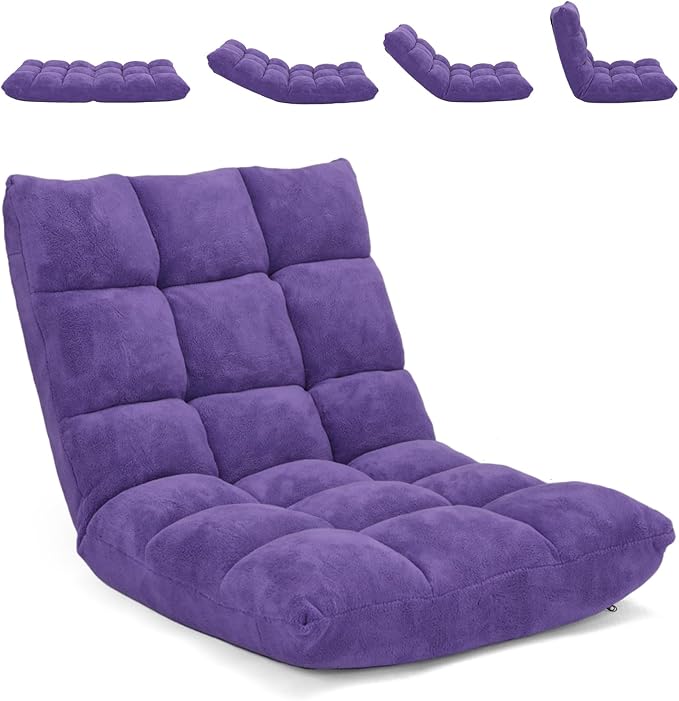 Moccha 14-Position Floor Chair Folding Sofa Chair with Back Support Memory Foam Floor Gaming Chairs for Adults Adjustable Padded Couch Recliner Sleeper Bed for Reading Meditating Purple