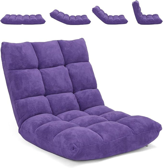 Moccha 14-Position Floor Chair Folding Sofa Chair with Back Support Memory Foam Floor Gaming Chairs for Adults Adjustable Padded Couch Recliner Sleeper Bed for Reading Meditating Purple
