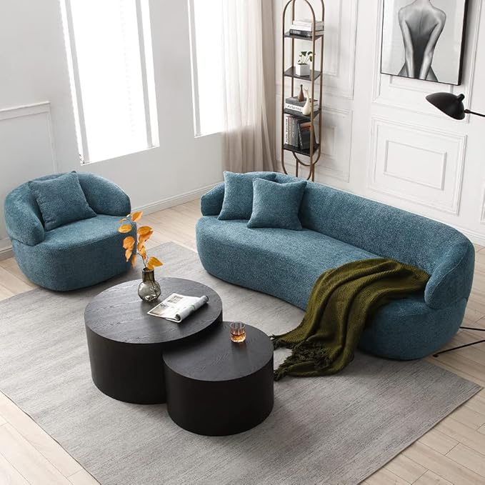 Curved Sofa Couch 86.6 3-Seater Modern Boucle Sectional Sofa Couch Comfy Cloud Upholstered 3 Seat Leisure Cushion Sofa with Pillows for Living Room Bedroom Office ApartmentNavy Blue