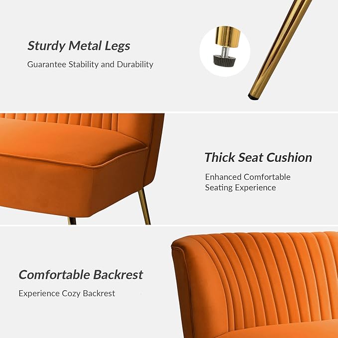 HULALA HOME Velvet Loveseat Sofa with Gold Legs Mid-Century Modern Upholstered Love seat Couch Tufted Small 2-Seat Sofa Armless for Living Room Bedroom Apartment Small Spaces Orange