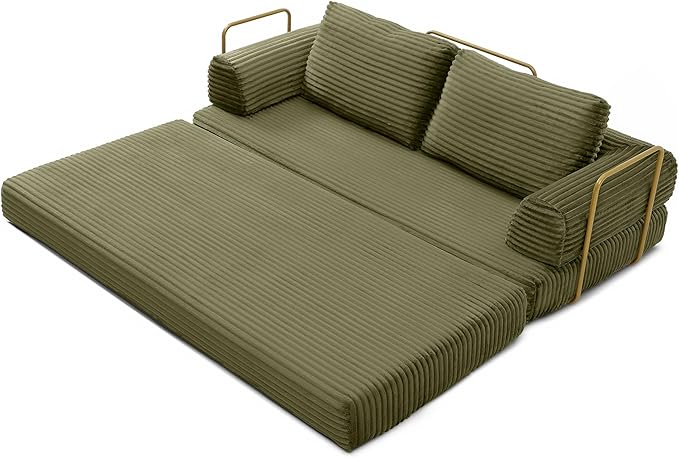 80 Convertible Sofa Bed Modern Corduroy Sleeper Sofa Folding Floor Couch with Golden Fixed-Shape Frame Green Boneless Loveseat Sofas Bed for Living Room Bedroom No Assembly Needed