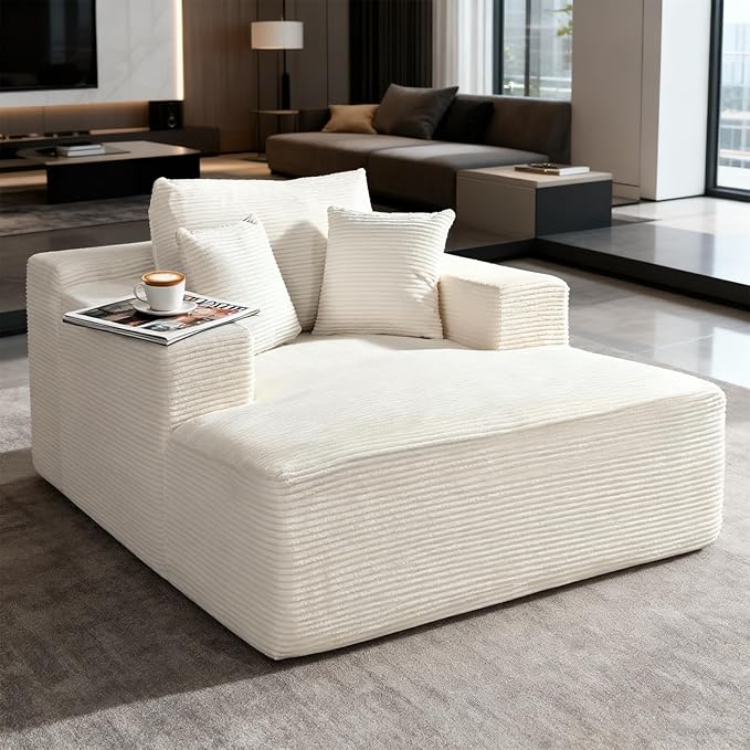 66 Oversized Chaise Lounge Chair Indoor Corduroy Upholstered Sofa Bed with Pocket Springs&ampHigh-Density Foam Deep Seat Sleeper Couch with 3 Pillows No Assembly for Living Room (Beige)