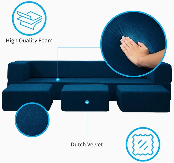 Mjkone Queen Convertible Velvet Futon Sofa Bed with 3 Ottomans Memory Foam Fold Out Couch Bed Foldable Floor Sofa Guest Sleeper for Living Room Blue