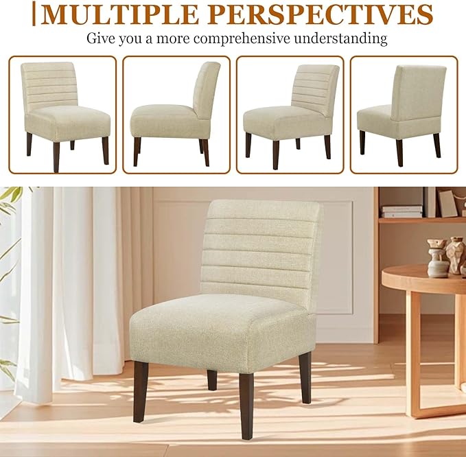 Modern Accent Chair for Living Room Upholstered Armless Slipper Chair with Back &amp Wood Legs Comfy Small Chair for Bedroom Living Room Reading Spaces Office (Beige)