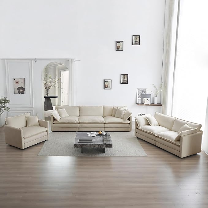 kevinplus 111.5'' Beige Modular Sectional Sofa Couch for Living Room Modern Contemporary 3-Seat Sofa Couch for Apartment Office Chenille Fabric Beige