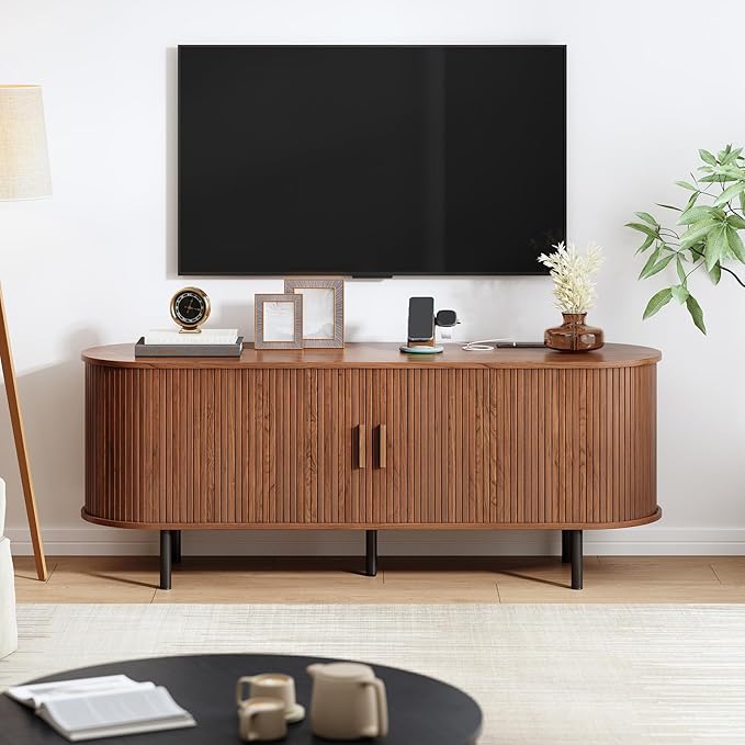 55 TV Stand with Power Outlet Mid-Century Modern Television Stand Fluted Media Console with Sliding Doors Entertainment Center for TVs up to 60 Inch Adjustable Shelves Walnut