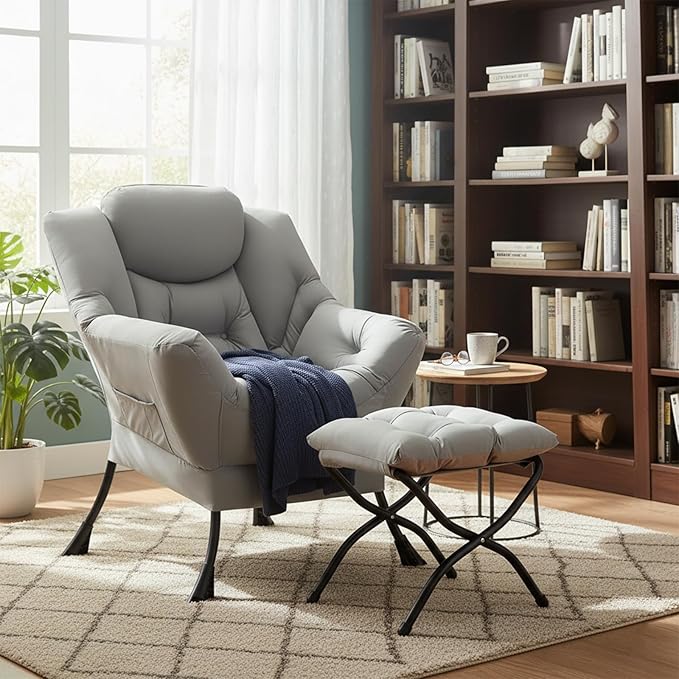 Welnow Lazy Chair with Ottoman Modern Accent Chair with Armrests and a Side Pocket Leisure Sofa Armchair Set Reading Armchair with Footrest for Small Space Light Grey