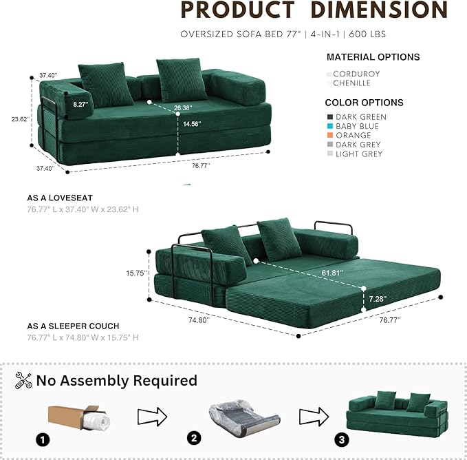 4-in-1 Folding Convertible Sofa Bed 77 Floor Couch with Pillow - Corduroy Fabric &amp High-Density Sponge &amp Fixed-Shape Frame Modular Sofa for Living Room/Lounge/Studio Green