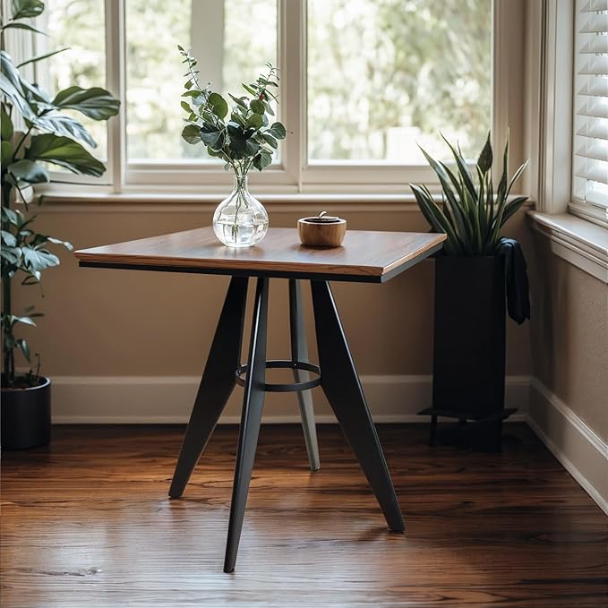 Square Cafe Table - 27.6 Oak Wood Top Metal Frame 28.15 High Modern Industrial Dining Table for Kitchen Home Office Bistro Compact for Space Saving