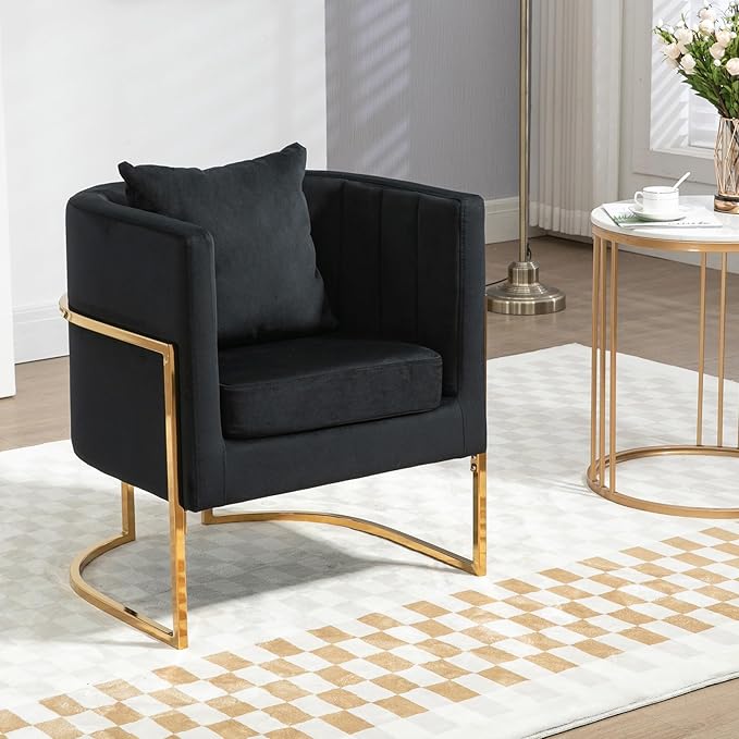 Velvet Modern Accent Chair Upholstered Barrel Armchair Mid Century with Pillow for Living Room Comfy Single Vanity Chair with Metal Gold Legs for Bedroom Black