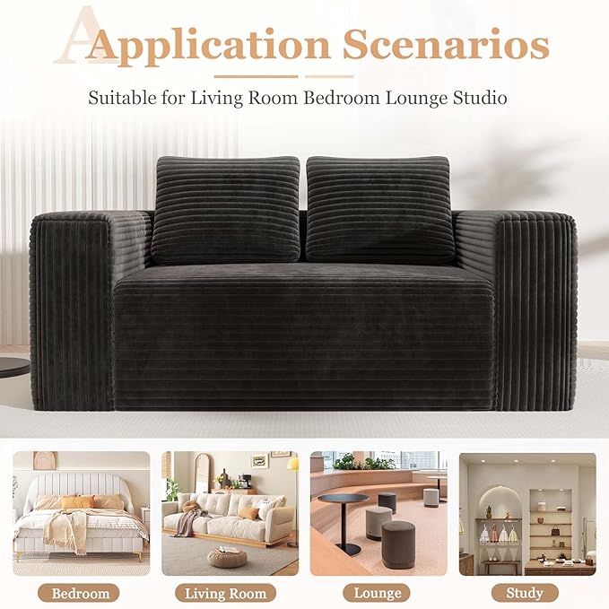 63 Black Boneless Couches for Living Room Compressed Sofa Couch in a Box Corduroy Memory Foam Floor Couch for Adults Memory Foam Deep Seat No Assembly Required (Black)
