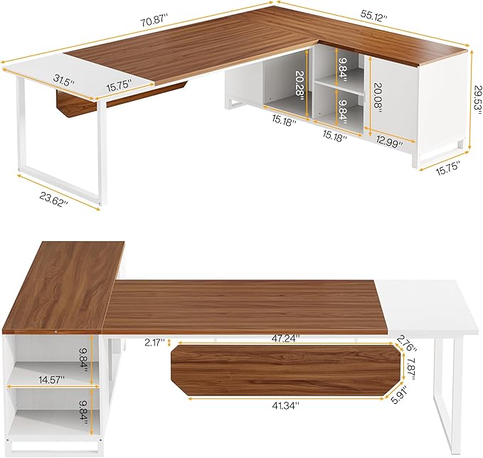 Tribesigns 70.8 L-Shaped Executive Desk with 55 File Cabinet Large Home Office Computer Desk with Storage Shelves and Cabinet Modern Business Furniture Set Home Office Walnut White