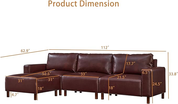 KEIKI PU Leather Sectional Couch Sofa Set Luxury 4 Seater Modular Sleeper Couches with Ottoman Corner Comfy Convertible L-Shaped Sofabed for Office Living Room Lounging Easy Assembly Burgundy