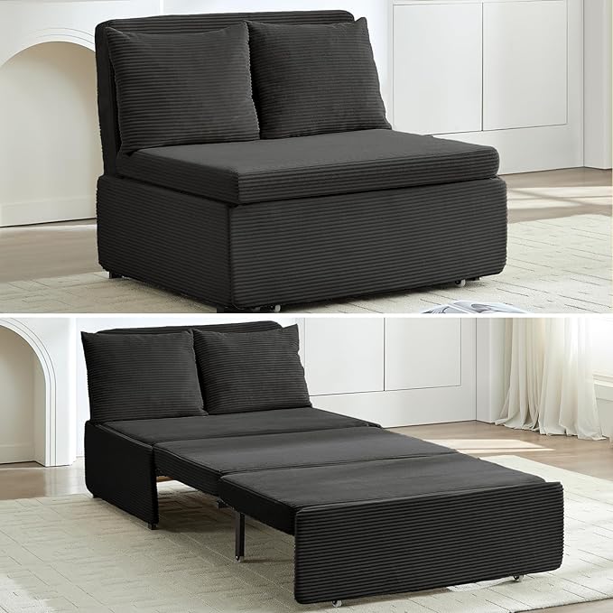 PUREMIND 3-in-1 Twin Size Pull Out Sofa Bed Convertible Corduroy Couch with Pillows and 3.9 Memory Foam Mattress Loveseat Sofa-Bed for Living Room Apartment (Dark Grey)
