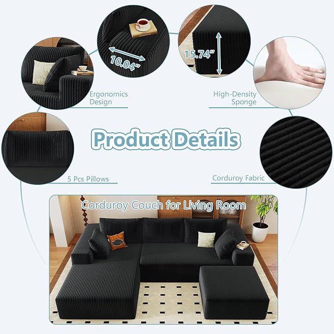 96 W Cloud Sectional Couch with OttomanModern U-Shaped Cloud Couch with Deep SeatComfy Corduroy 3-Seater SofaMemory Foam Sofa for Living RoomNo Assembly (BlackLeft-Facing Chaise)
