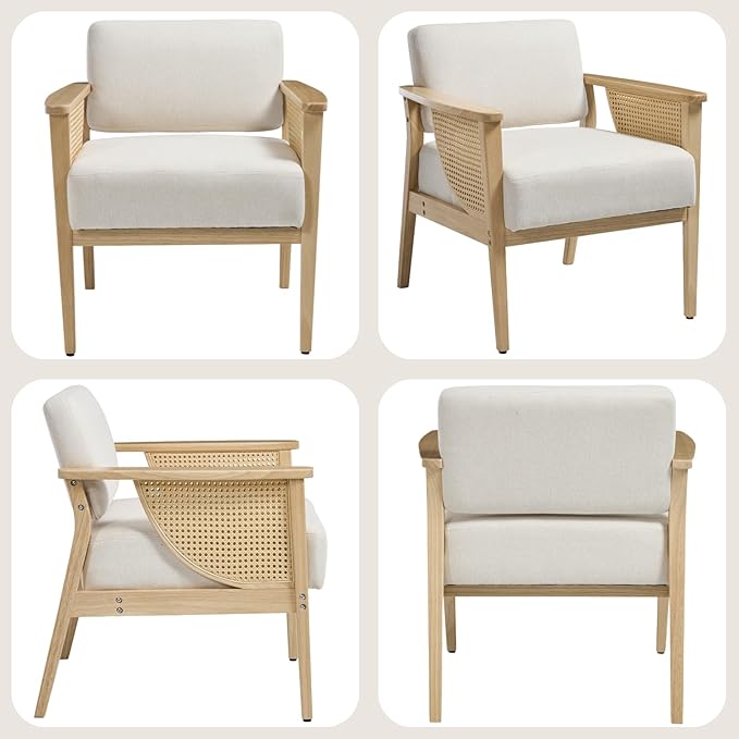 Mid Century Modern Accent Chair Set of 2 Rattan Armchair with Wood Legs Living Room Chair Linen Upholstered Lounge Chair for Bedroom Reading Room Beige