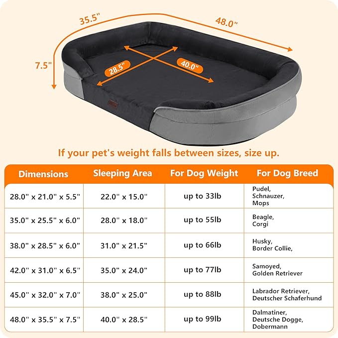 Dwanton Orthopedic Dog Bed for Extra Extra Large Dogs with Gel Memory Foam Waterproof Dog Sofa Washable Pet Bed with Four Sided Bolster Cushion Removable Cover &amp Non-Slip Bottom 48 Dark Gray