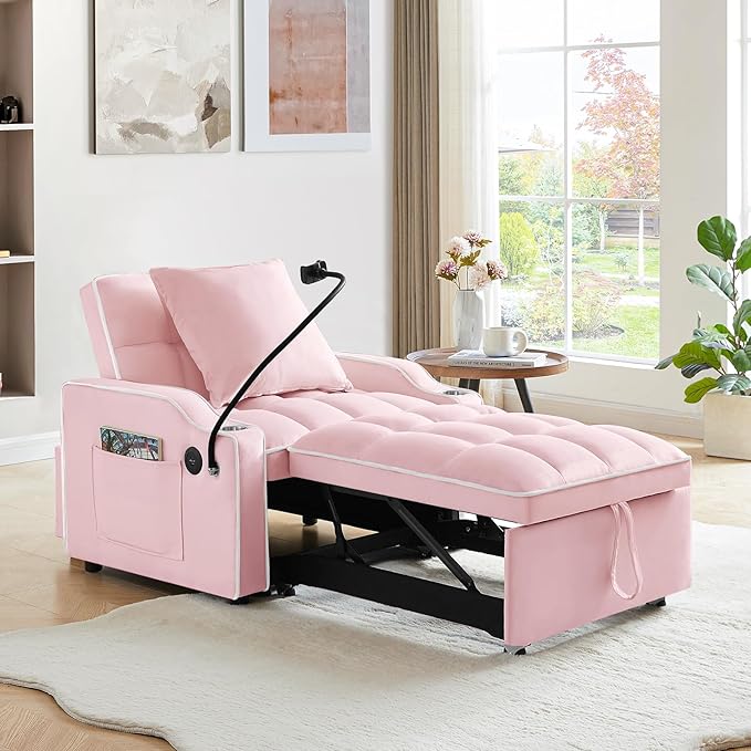 KINFFICT Sleeper Sofa Chair Bed Convertible 3-in-1 Sofa Armchair Adjustable Sleeper with Pullout Bed Single Lounger Futon with Side Pockets for Living Room (Pink)
