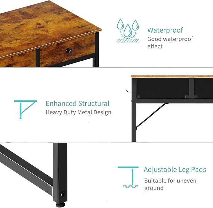 Lufeiya 40 Inch Desk with Drawers for Bedroom - 39 Inch Home Office Desks with 3 Fabric Storage Drawer and Pocket Study Writing Table Rustic Computer Desk Vintage Brown