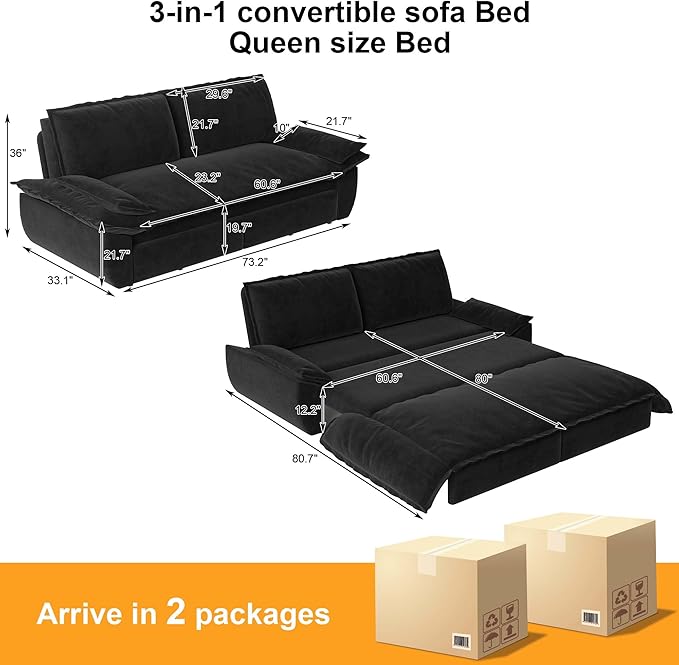 GNIXUU 73.2 Queen Pull Out Sofa Bed Velvet Convertible Sleeper Sofa Couch with 2 Soft Pillows Comfy Loveseat Bed Pull Out Couch for Living Room Apartment Small Space(Black)