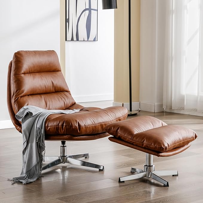 Modern Swivel Accent Chairs with Ottoman Set of 2 PU Leather Oversized Armless Reading Chairs with Footrest 33'' Wide Upholstered Lounge Chairs with Footstool for Living Room Bedroom Comfy Brown