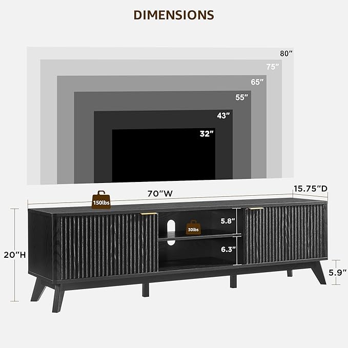 OKD 70 Mid Century Modern Fluted TV Stand Entertainment Center Sideboard Media Console for Living Room with 2 Soft Close Door/Adjustable Shelves (Black Oak)