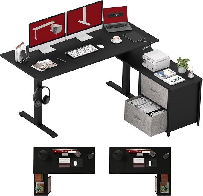 SANODESK 63'' L Shaped Standing Desk with 2-Drawer File Cabinet Electric Height Adjustable Stand up Desk w/USB Charge Ports Home Office Modern Wood Computer Desk with ShelvesBlack Frame/Black Top
