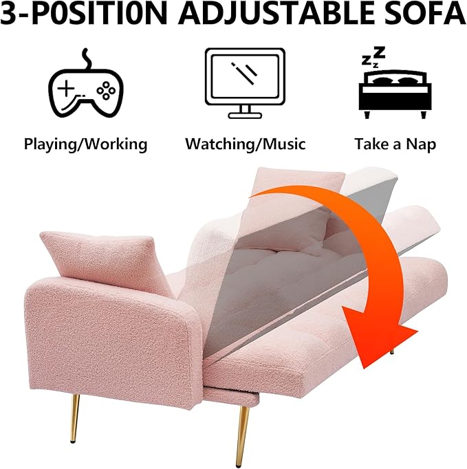 Comfy Futon Sofa Bed with 2 Pillows Pink Futon Couch Bed with Gold Legs Small Convertible Sofa Bed Couch for Living Room Modern Loveseat for Bedroom Curved Arms Plush Tufted-ShapedTeddy (Pink)