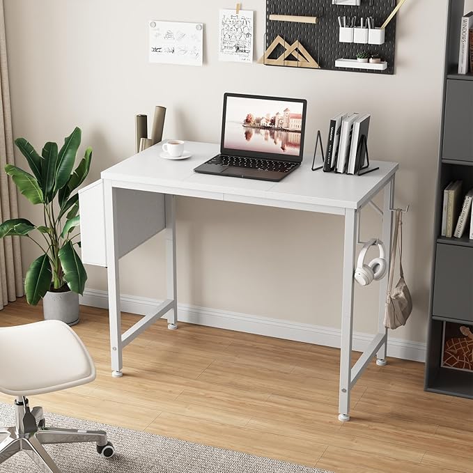 Lufeiya Small White Desk for Small Spaces 32 Inch Kids Girls Study Writing Desks for Bedroom Simple Modern Laptop PC Little Side Table with Storage Bag Headphone Hook White