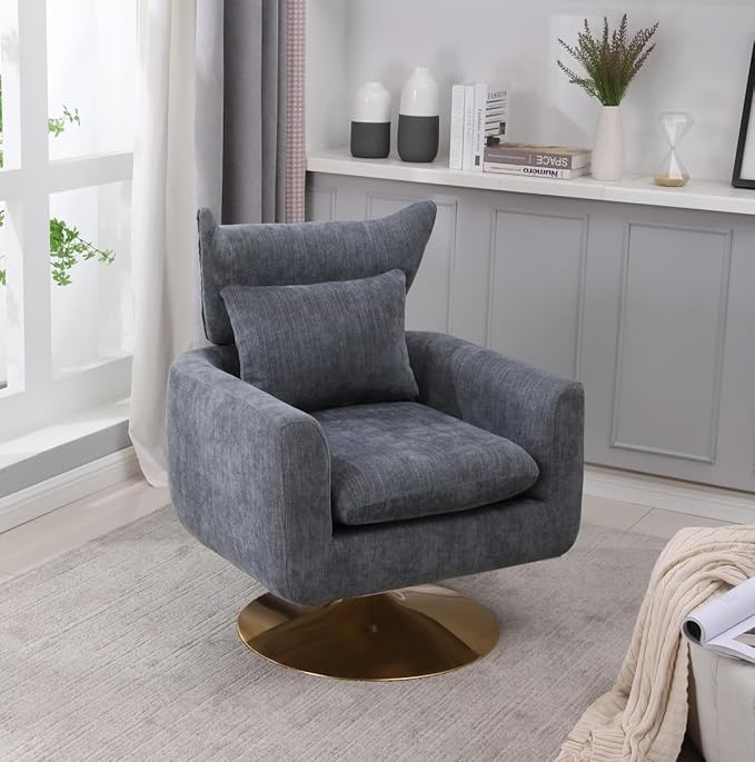 Swivel Accent Chair Armchair Classic Mid-Century 360 Degree Swivel Sofa ChairUpholstered Accent ChairTeddy Fabric Leisure Chair for Living RoomBedroom Office (Blue-Grey + Linen)