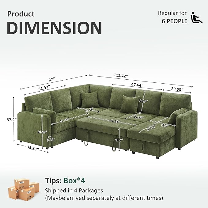 111'' Sectional Sleeper Sofa with Pull Out Bed U Shaped 6 Seat Modular Couch with Storage Chaise Modern Sectional Couch Cloud Chenille Sofa Bed for Living Room Apartment Olive