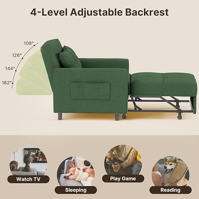 Gizoon Sofa Bed Chair 3 in 1 Convertible Pullout Single Sleeper Chair Bed with Adjustable Backrest Spacious Multifunctional Sofa Couches for Living Room Bedroom Apartment