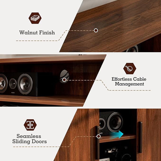 TV Stand for TVs up to 60 Inch Entertainment Center with Sliding Doors and Adjustable Shelf Modern TV Console with Storage for Living Room Bedroom Walnut