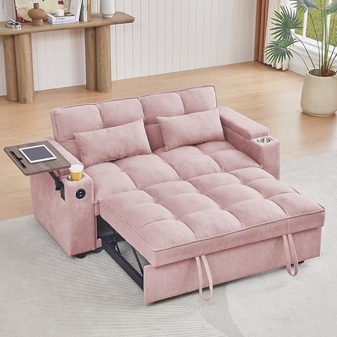 65'' 3-in-1 Folding Convertible Sofa Bed Queen Size Pullout Sofa Modern Chenille Fabric 360° Swivel Side Table Easy Assembly Perfect for Living Room