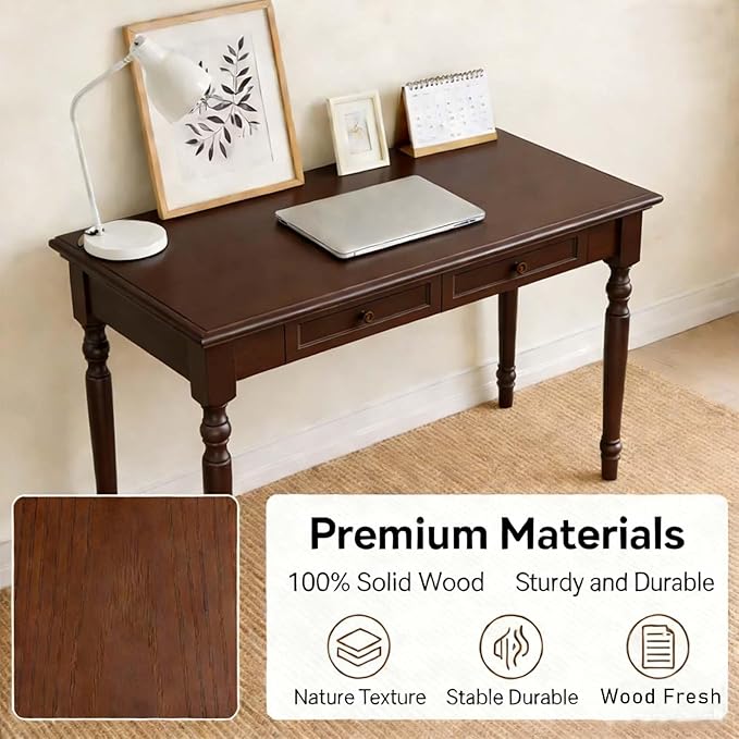 47” Walnut Solid Wood Writing Desk with Drawers Farmhouse Computer Desk with File Storage Ideal for Home Office Bedroom or Study Room