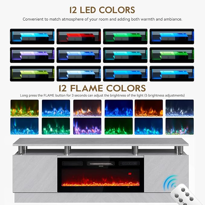 70 TV Stand for Living Room Entertainment Center with Storage Cabinet Fits TVs up to 80 Modern Media Console with Shelves 36 Electric Fireplace (Grey+Black)
