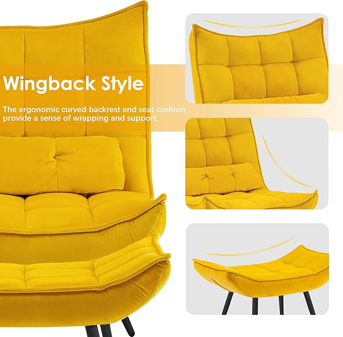MCombo Accent Chair with Ottoman Modern Velvet Wingback Lounge Chair Upholstered Club Chair for Small Space Living Room &amp Bedroom 4079 (2 Yellow)