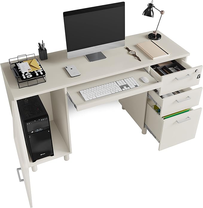 Modern Design Venice Computer Office Desk with 3 Locking Drawers and Storage Cabinet 53 Inch Home and Office Executive White Desk with Keyboard Tray by Crafts and Comfort