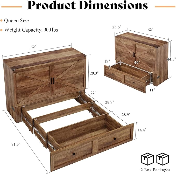 AMERLIFE Queen Murphy Bed Cabinet with Charging Station and Storage Farmhouse Foldable Platform Bed for Guest Room Office Small Spaces Barnwood