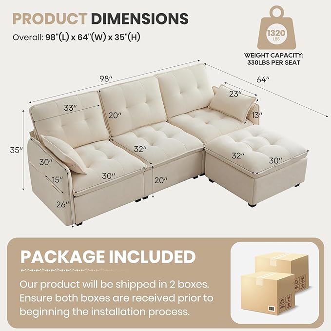 98 L Shaped Couch Modular Sectional Sofa Comfy Cloud Couch with Movable Ottoman 3 Seater Chenille Sleeper Deep Seat Sofa with Throw Pillows for Living Room Office (Beige 3-seat)