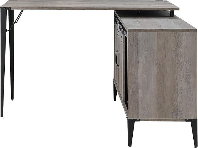 Zakwani 48 Gray Oak &amp Black Finish L-Shape Writing Desk Modern Home Office Desk with Sliding Barn Door