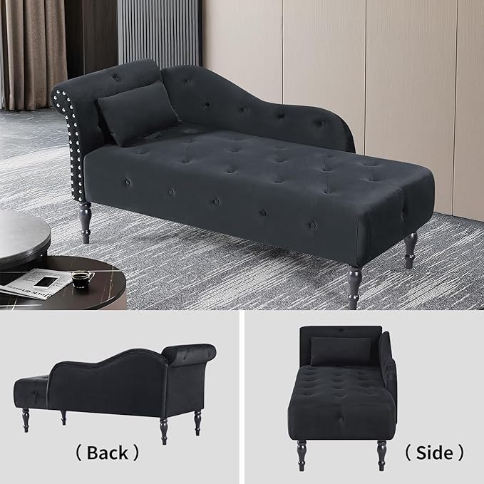 60 Modern Velvet Chaise Lounge Indoor Upholstered Chair with Left Armrest and Lumbar Pillow Button Tufted Lounge Sofa for Living Room Bedroom Office Mini Chaise Longue Sofa (Black)
